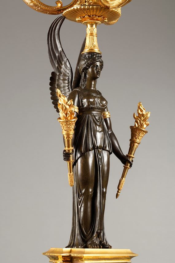 Pair of patinated and gilt bronze three-light candelabra | MasterArt